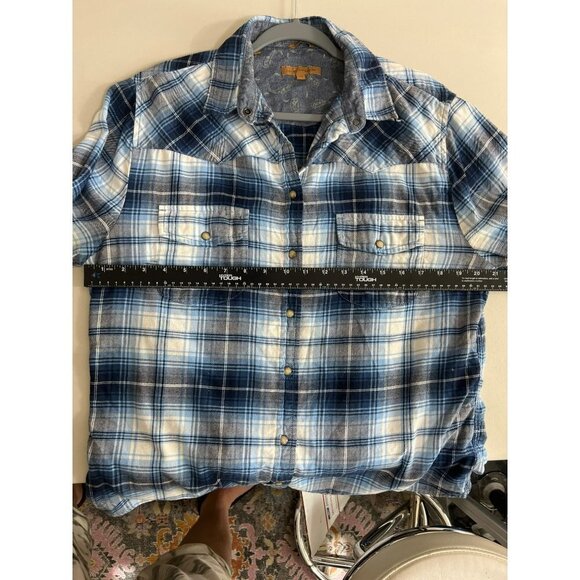 Jachs Girlfriend XL Shades of Blue Plaid Flannel Shirt Pearl Snap Western 100% C - Picture 8 of 8